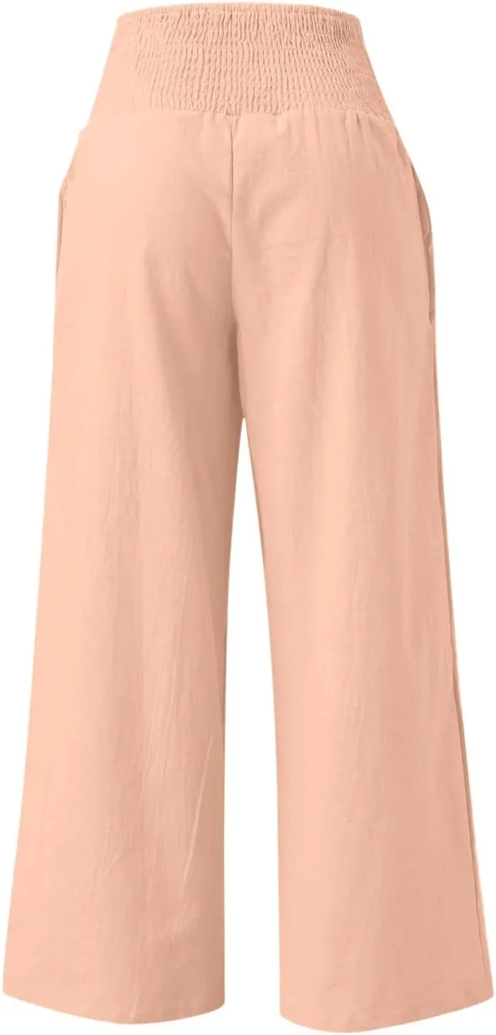 Womens Summer Casual Wide Leg Palazzo Pants Smocked High Waist Loose Lounge Comfy Trousers