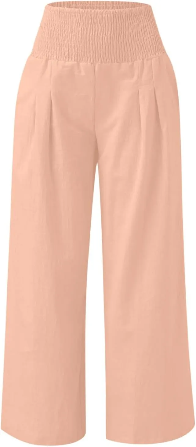 Womens Summer Casual Wide Leg Palazzo Pants Smocked High Waist Loose Lounge Comfy Trousers