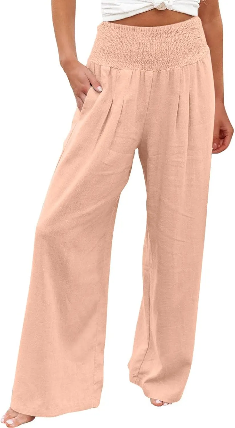 Womens Summer Casual Wide Leg Palazzo Pants Smocked High Waist Loose Lounge Comfy Trousers