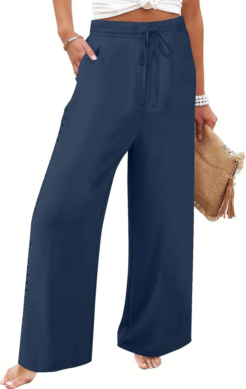 Womens Summer Cotton Linen Pants Hollow Out Breathable Casual Drawstring Waist Beach Vacation Straight Leg Trousers