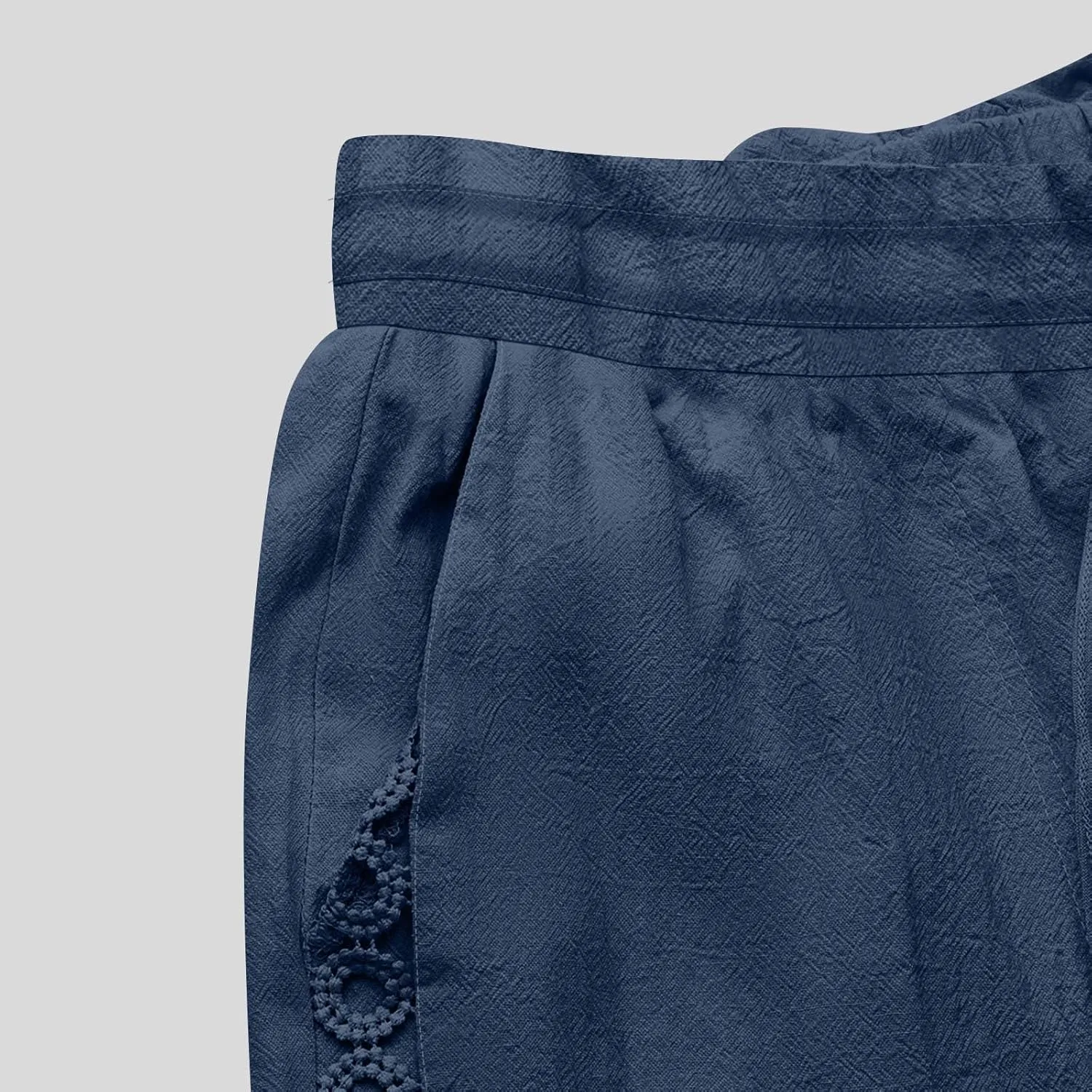 Womens Summer Cotton Linen Pants Hollow Out Breathable Casual Drawstring Waist Beach Vacation Straight Leg Trousers