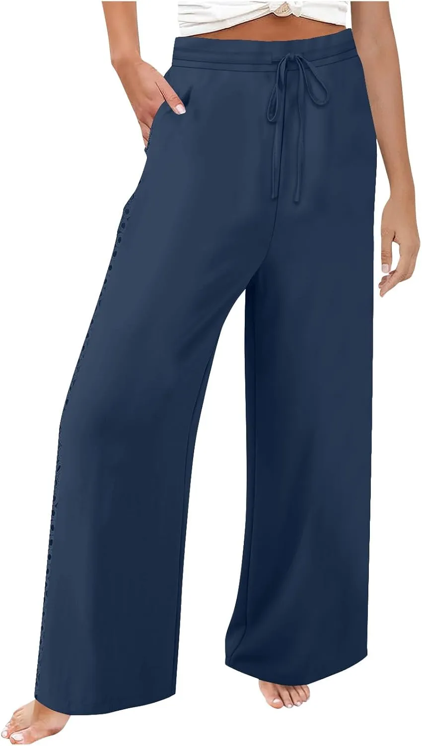Womens Summer Cotton Linen Pants Hollow Out Breathable Casual Drawstring Waist Beach Vacation Straight Leg Trousers