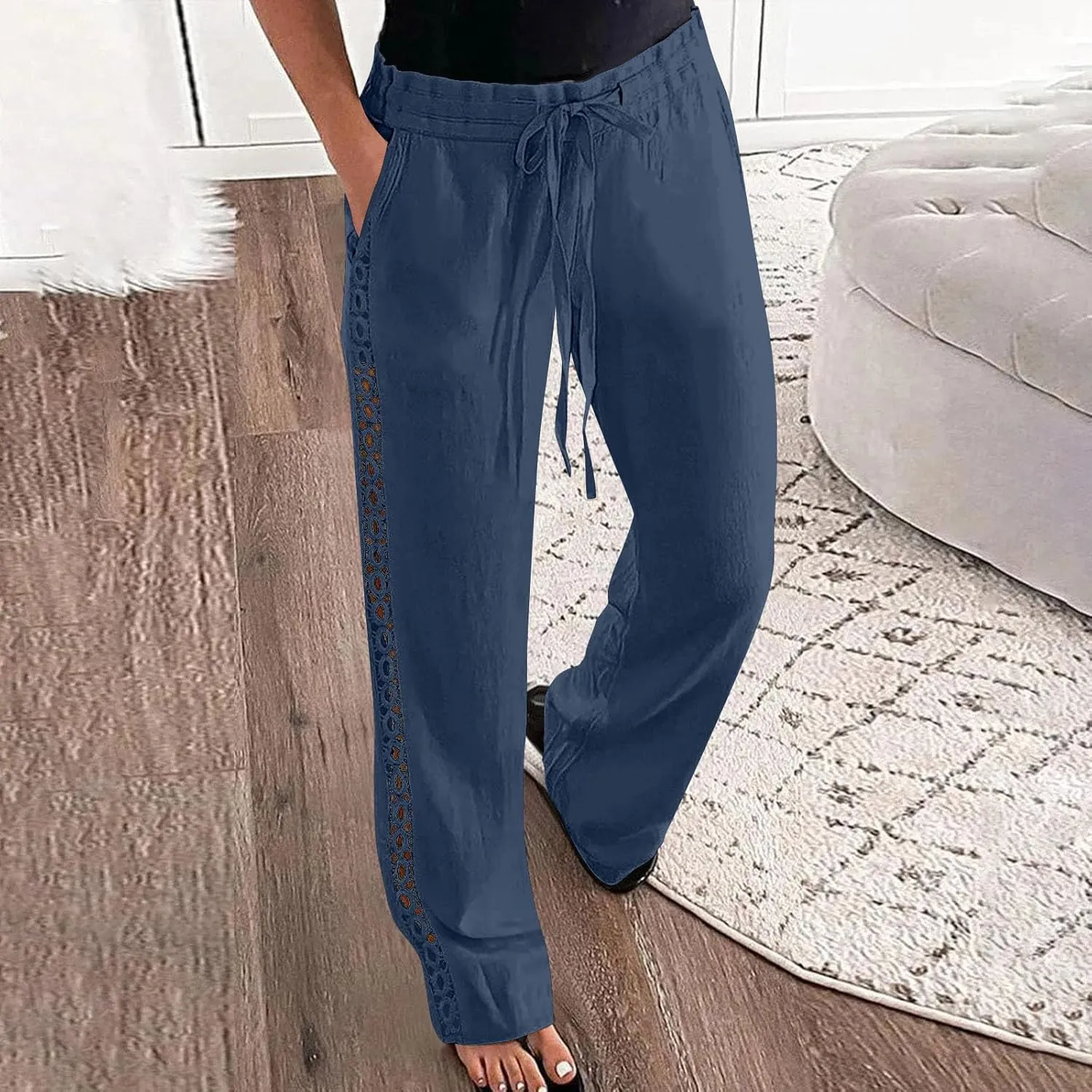 Womens Summer Cotton Linen Pants Hollow Out Breathable Casual Drawstring Waist Beach Vacation Straight Leg Trousers