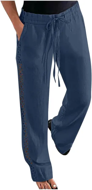 Womens Summer Cotton Linen Pants Hollow Out Breathable Casual Drawstring Waist Beach Vacation Straight Leg Trousers