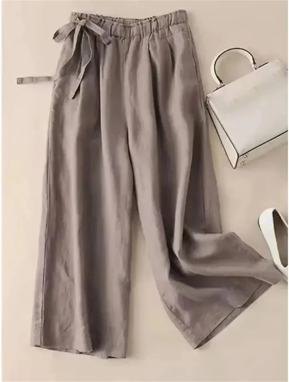 Women's Summer Cotton Linen Pants  Straight Trousers Vintage Casual Ankle-Length Drawstring Elastic Waist