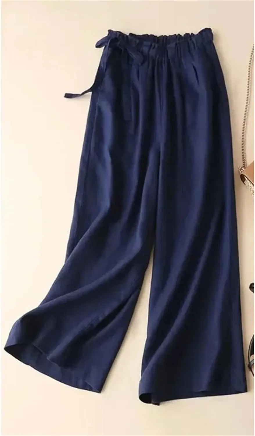 Women's Summer Cotton Linen Pants  Straight Trousers Vintage Casual Ankle-Length Drawstring Elastic Waist