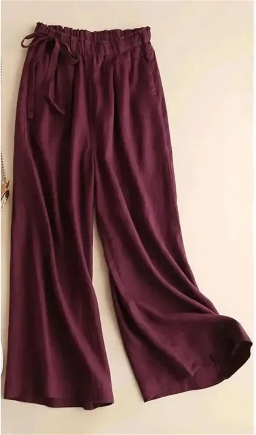 Women's Summer Cotton Linen Pants  Straight Trousers Vintage Casual Ankle-Length Drawstring Elastic Waist