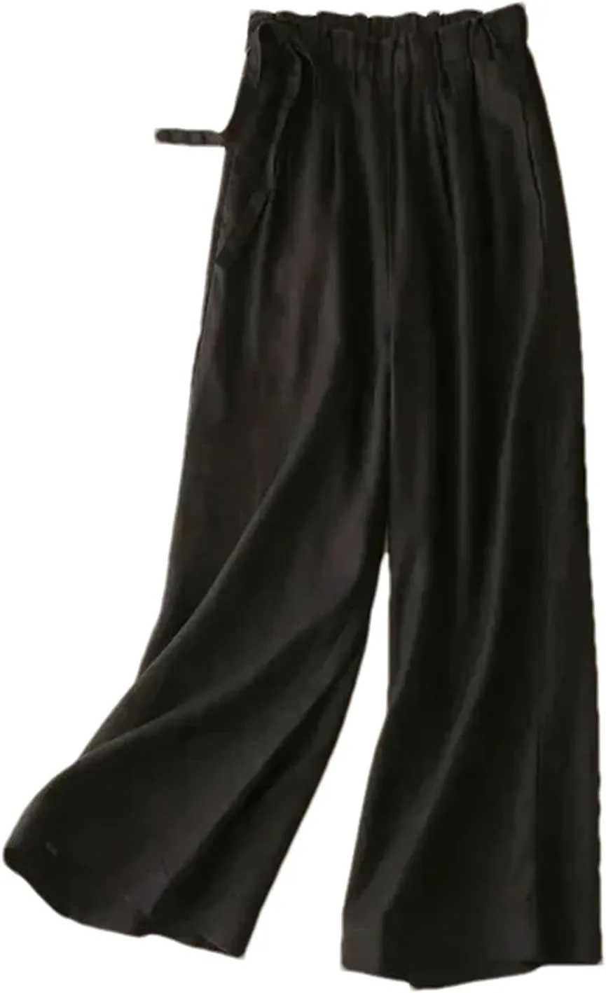 Women's Summer Cotton Linen Pants  Straight Trousers Vintage Casual Ankle-Length Drawstring Elastic Waist