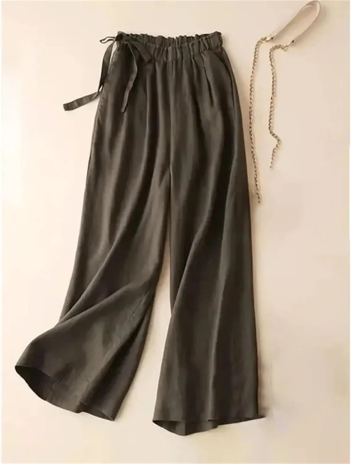 Women's Summer Cotton Linen Pants  Straight Trousers Vintage Casual Ankle-Length Drawstring Elastic Waist