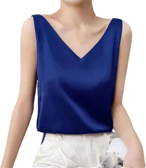 Women's Summer Satin Silk Tank Tops V Neck Camisole Cami Loose Sleeveless Top