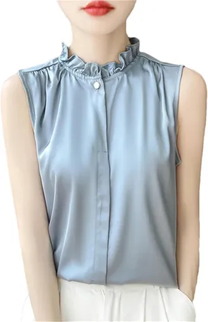 Women's Summer Solid Silk Shirt Vest Top Casual Button Collar Sleeveless Camisole