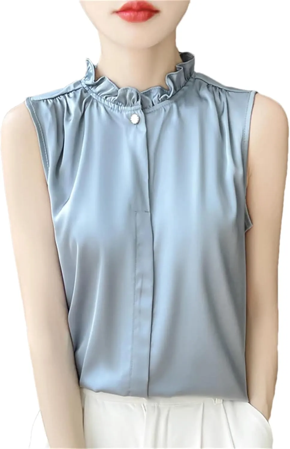 Women's Summer Solid Silk Shirt Vest Top Casual Button Collar Sleeveless Camisole