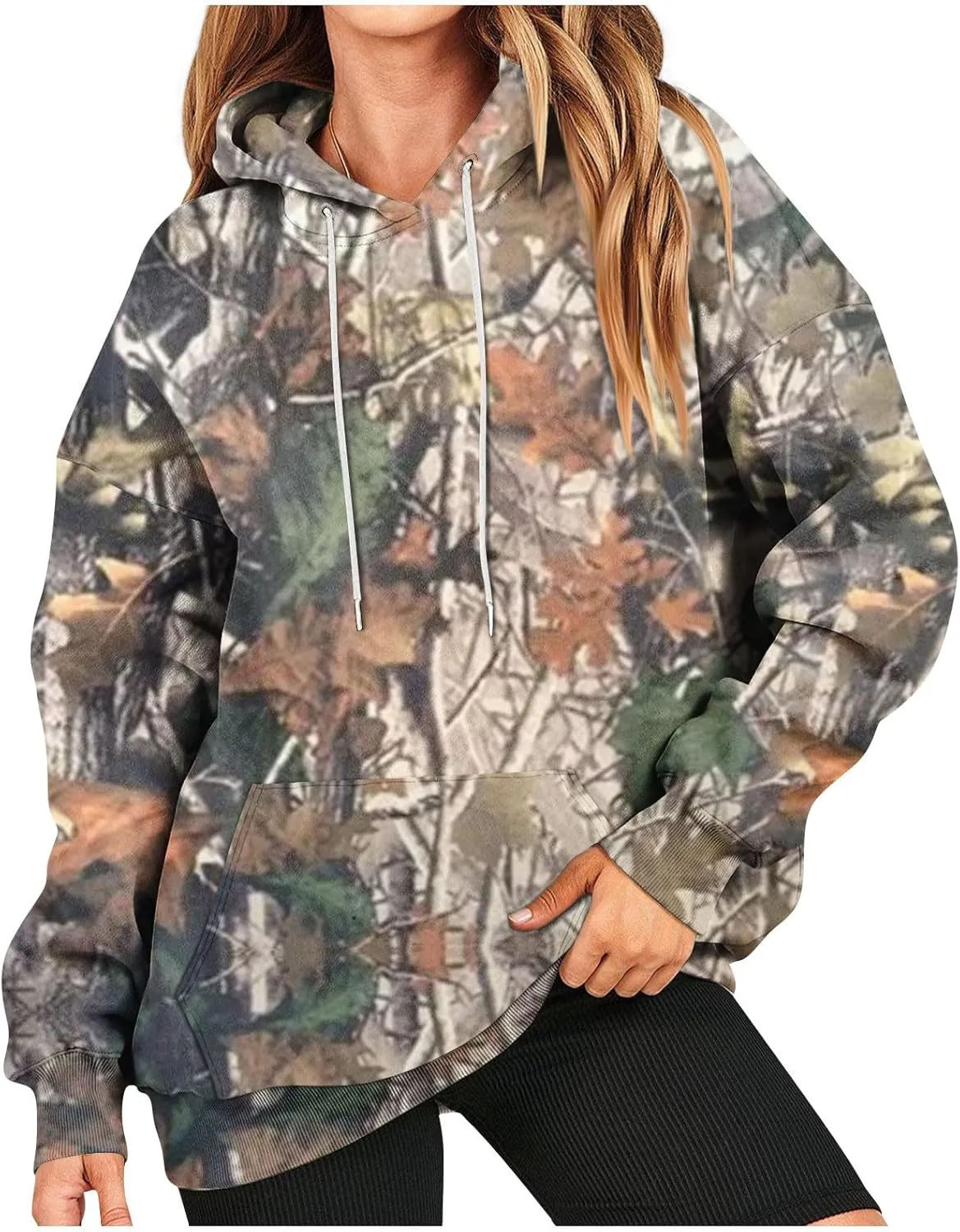 Womens Sweatshirts Trendy Camo Hoodie Maple-Leaf Print Hooded Long Sleeve Tops with Pocket Fall Clothes