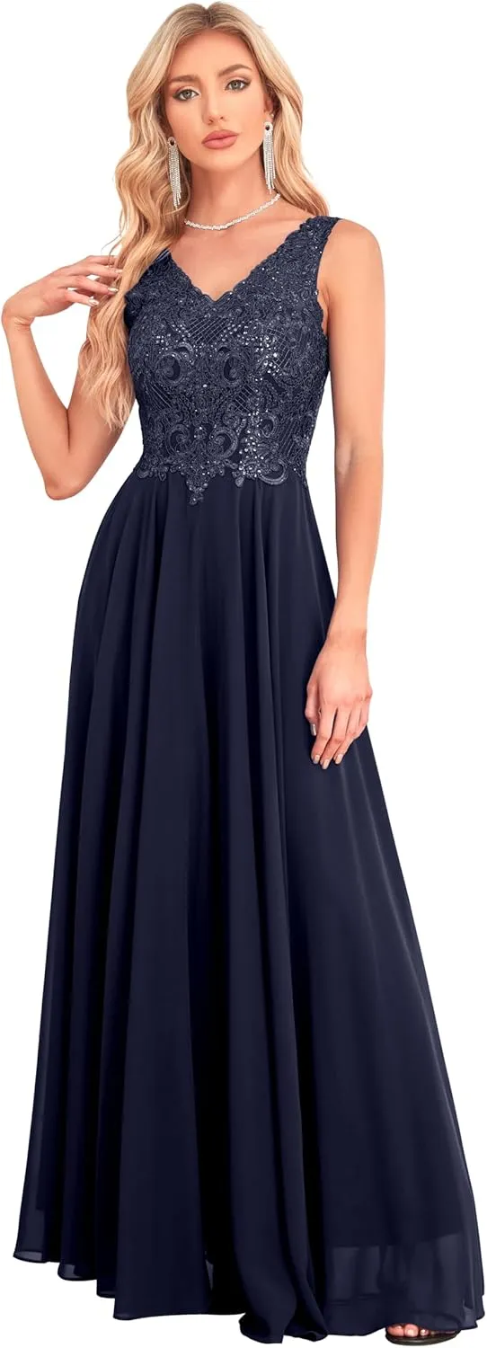 Women's V Neck Bridesmaid Dresses Lace Appliques Beaded Chiffon Long Formal Dress with Pockets B034