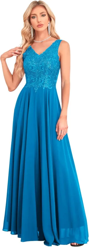 Women's V Neck Bridesmaid Dresses Lace Appliques Beaded Chiffon Long Formal Dress with Pockets B034