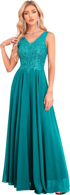 Women's V Neck Bridesmaid Dresses Lace Appliques Beaded Chiffon Long Formal Dress with Pockets B034