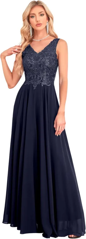 Women's V Neck Bridesmaid Dresses Lace Appliques Beaded Chiffon Long Formal Dress with Pockets B034