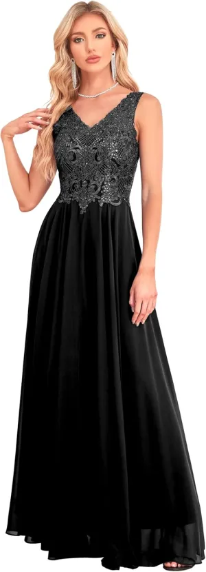 Women's V Neck Bridesmaid Dresses Lace Appliques Beaded Chiffon Long Formal Dress with Pockets B034