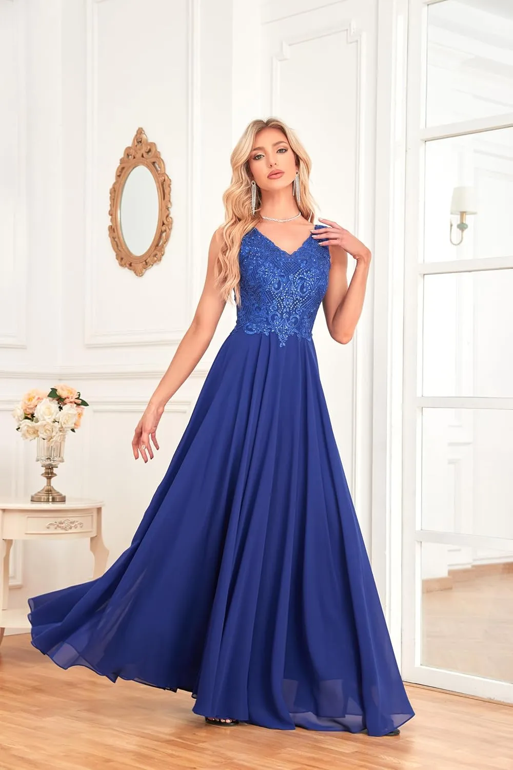 Women's V Neck Bridesmaid Dresses Lace Appliques Beaded Chiffon Long Formal Dress with Pockets B034