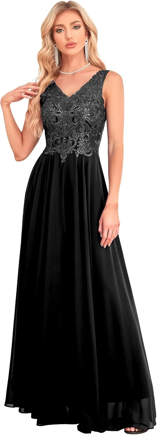 Women's V Neck Bridesmaid Dresses Lace Appliques Beaded Chiffon Long Formal Dress with Pockets B034