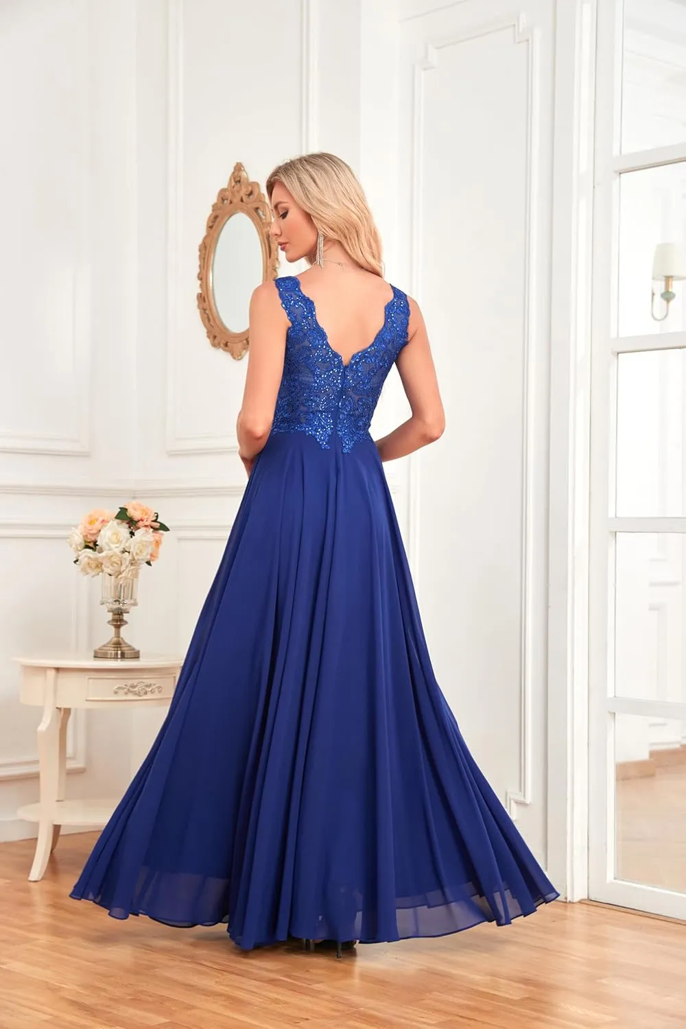 Women's V Neck Bridesmaid Dresses Lace Appliques Beaded Chiffon Long Formal Dress with Pockets B034