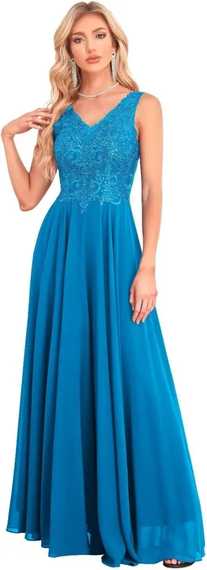 Women's V Neck Bridesmaid Dresses Lace Appliques Beaded Chiffon Long Formal Dress with Pockets UU33