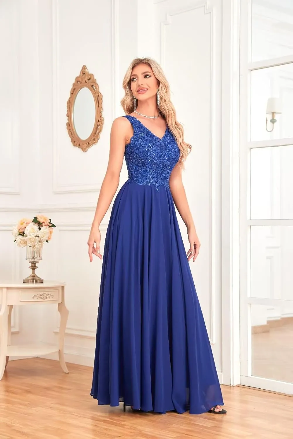 Women's V Neck Bridesmaid Dresses Lace Appliques Beaded Chiffon Long Formal Dress with Pockets UU33