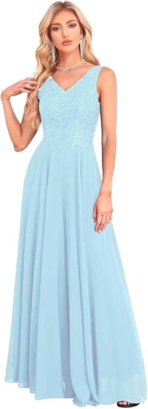 Women's V Neck Bridesmaid Dresses Lace Appliques Beaded Chiffon Long Formal Dress with Pockets UU33