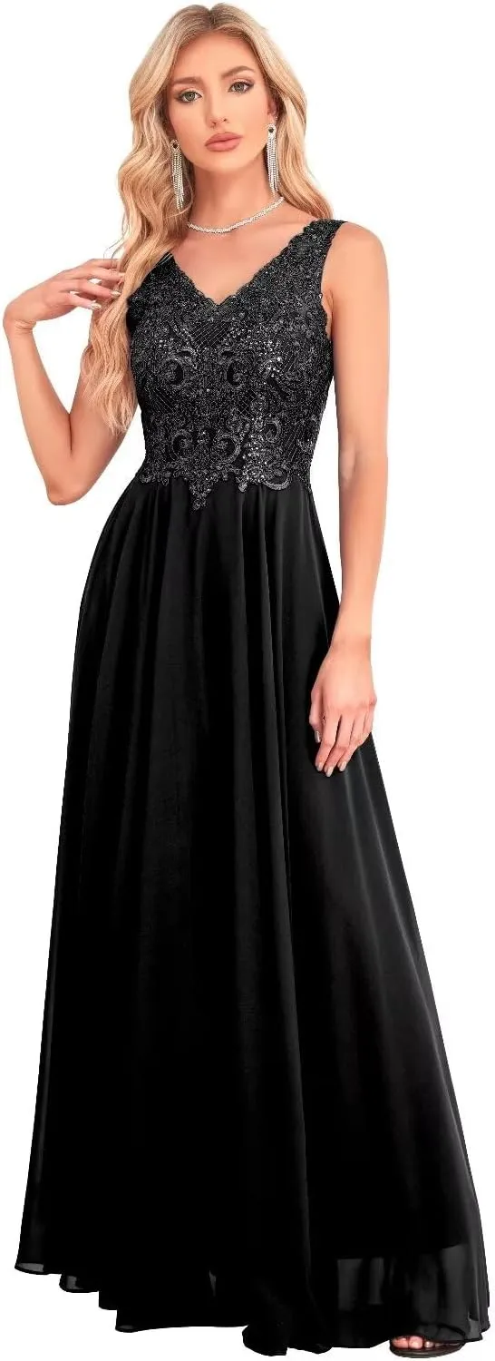 Women's V Neck Bridesmaid Dresses Lace Appliques Beaded Chiffon Long Formal Dress with Pockets UU33