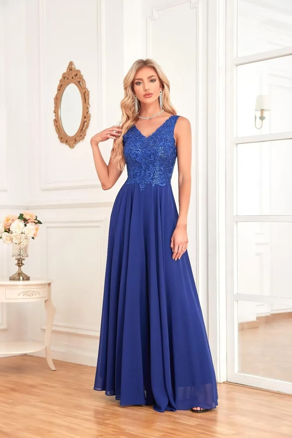 Women's V Neck Bridesmaid Dresses Lace Appliques Beaded Chiffon Long Formal Dress with Pockets UU33