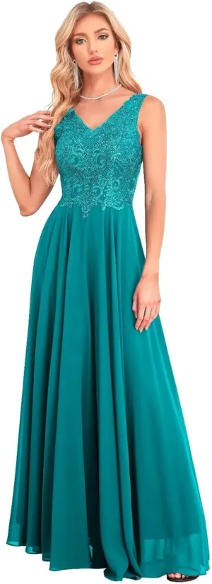 Women's V Neck Bridesmaid Dresses Lace Appliques Beaded Chiffon Long Formal Dress with Pockets UU33