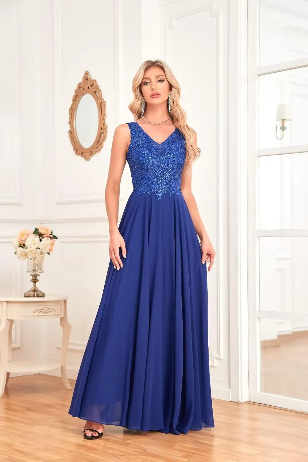 Women's V Neck Bridesmaid Dresses Lace Appliques Beaded Chiffon Long Formal Dress with Pockets UU33