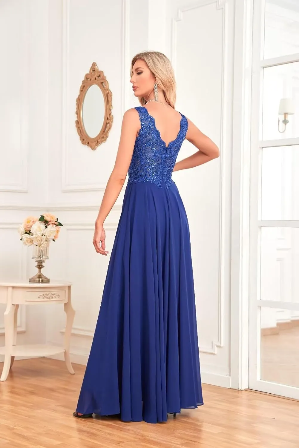 Women's V Neck Bridesmaid Dresses Lace Appliques Beaded Chiffon Long Formal Dress with Pockets UU33