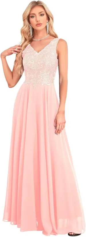 Women's V Neck Bridesmaid Dresses Lace Appliques Beaded Chiffon Long Formal Dress with Pockets UU33