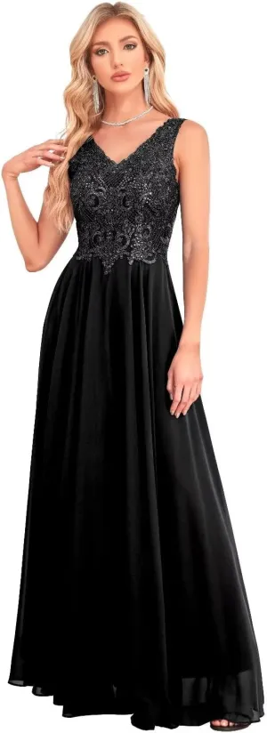 Women's V Neck Bridesmaid Dresses Lace Appliques Beaded Chiffon Long Formal Dress with Pockets UU33