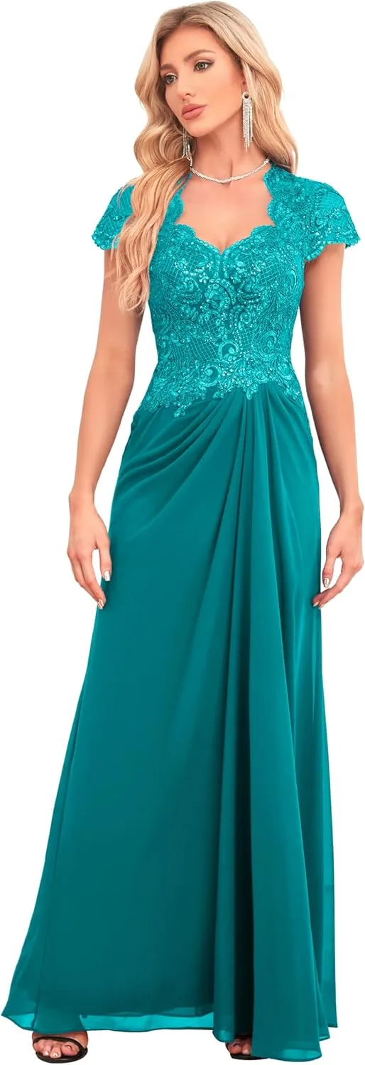 Women's V Neck Bridesmaid Dresses Long Lace Appliques Beaded Chiffon Short Sleeve Formal Dress with Pockets HS025