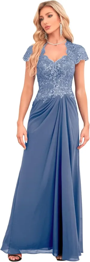 Women's V Neck Bridesmaid Dresses Long Lace Appliques Beaded Chiffon Short Sleeve Formal Dress with Pockets HS025