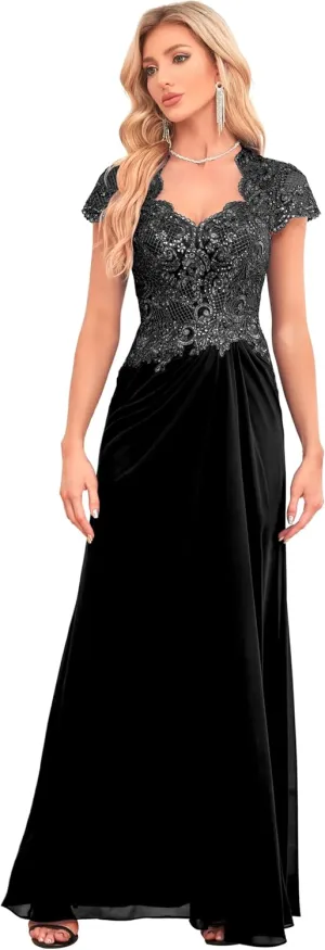 Women's V Neck Bridesmaid Dresses Long Lace Appliques Beaded Chiffon Short Sleeve Formal Dress with Pockets HS025