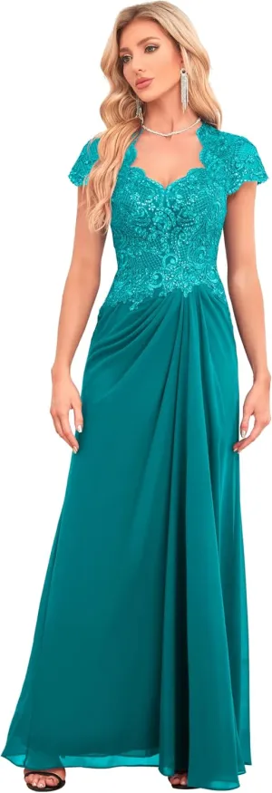 Women's V Neck Bridesmaid Dresses Long Lace Appliques Beaded Chiffon Short Sleeve Formal Dress with Pockets HS025