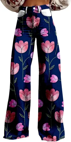 Womens Vintage Floral Print Y2K Pants Casual High Waisted Button Wide Leg Pants Retro Graphic Printed Plus Size Pants