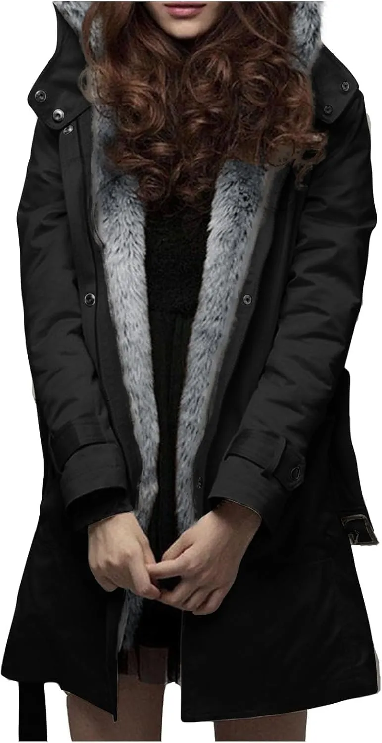 Womens Warm Winter Coats Fuzzy Fleece Lined Parka Slim Fit Thicken Sherpa Hooded Long Jackets Outerwear
