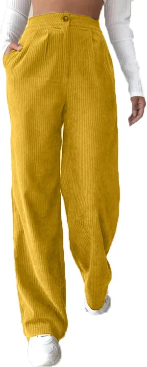 Women's Wide Leg Corduroy Pants Loose Straight Leg Pants High Waist Button Stretchy Trousers Lounge Pant with Pockets