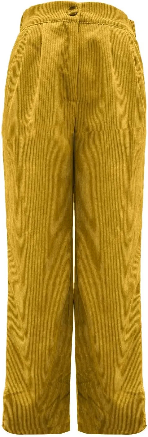 Women's Wide Leg Corduroy Pants Loose Straight Leg Pants High Waist Button Stretchy Trousers Lounge Pant with Pockets