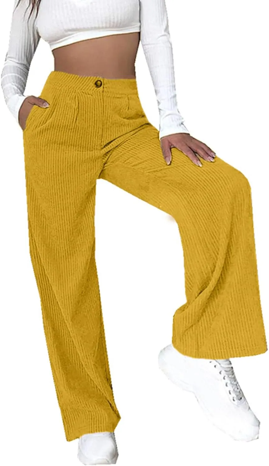 Women's Wide Leg Corduroy Pants Loose Straight Leg Pants High Waist Button Stretchy Trousers Lounge Pant with Pockets