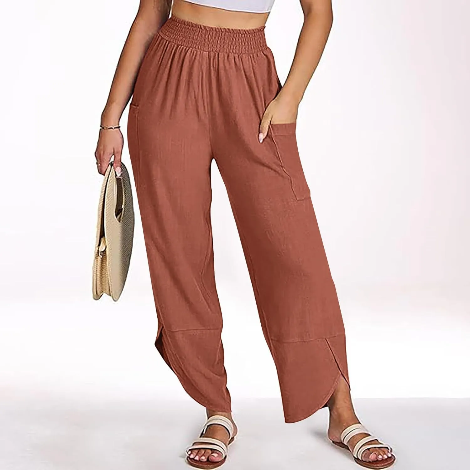 Women's Wide Leg Palazzo Capri Pants Summer Casual Loose High Waisted Lounge Capris Flowy Cropped Beach Work Trousers
