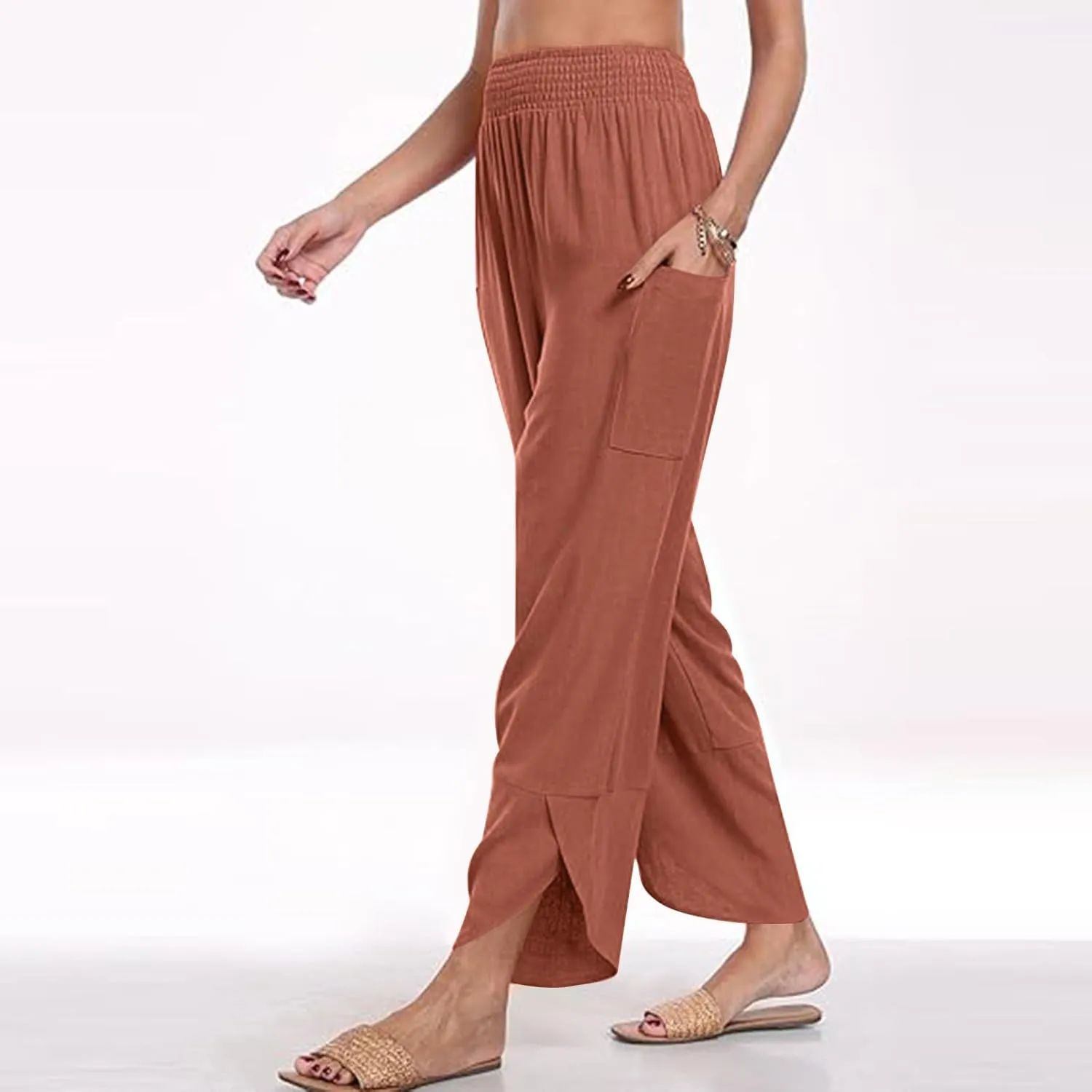Women's Wide Leg Palazzo Capri Pants Summer Casual Loose High Waisted Lounge Capris Flowy Cropped Beach Work Trousers