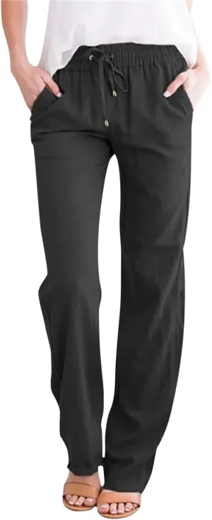 Womens Wide Leg Trousers Yoga Pants for Women Linen Flowy Beach Pants Casual Dressy Cotton Drawstring Pants Summer Outfits