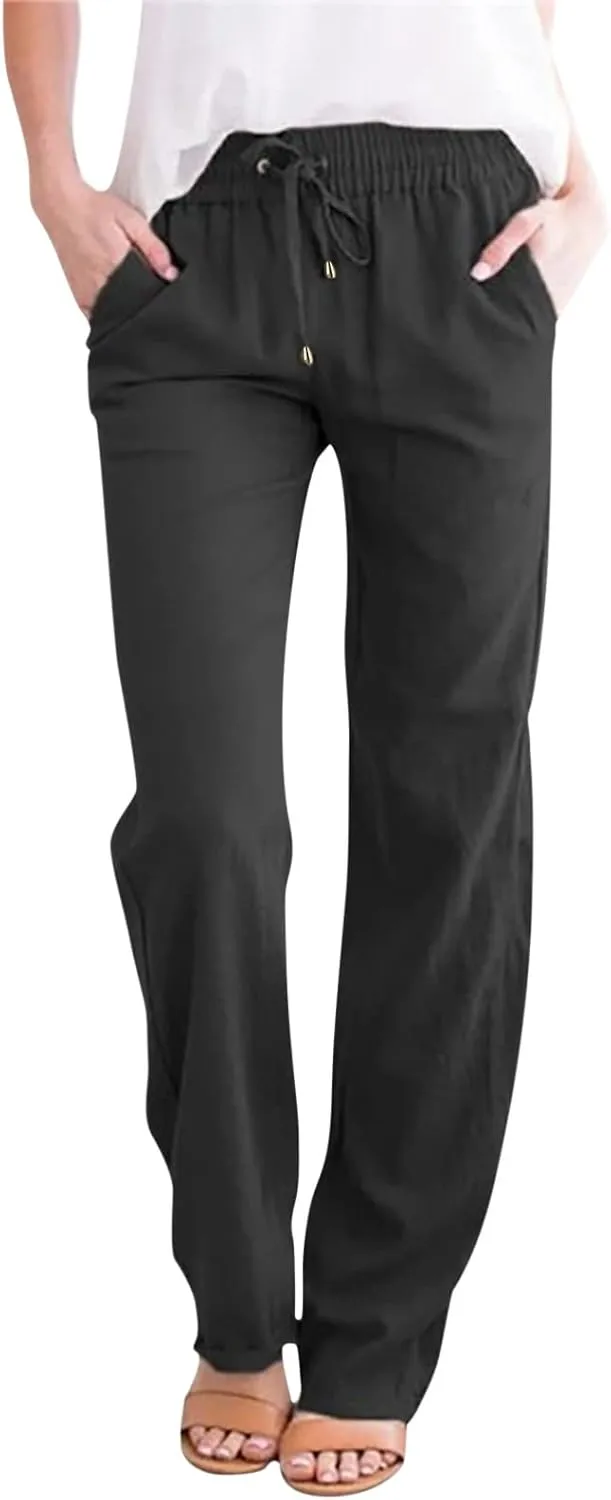 Womens Wide Leg Trousers Yoga Pants for Women Linen Flowy Beach Pants Casual Dressy Cotton Drawstring Pants Summer Outfits