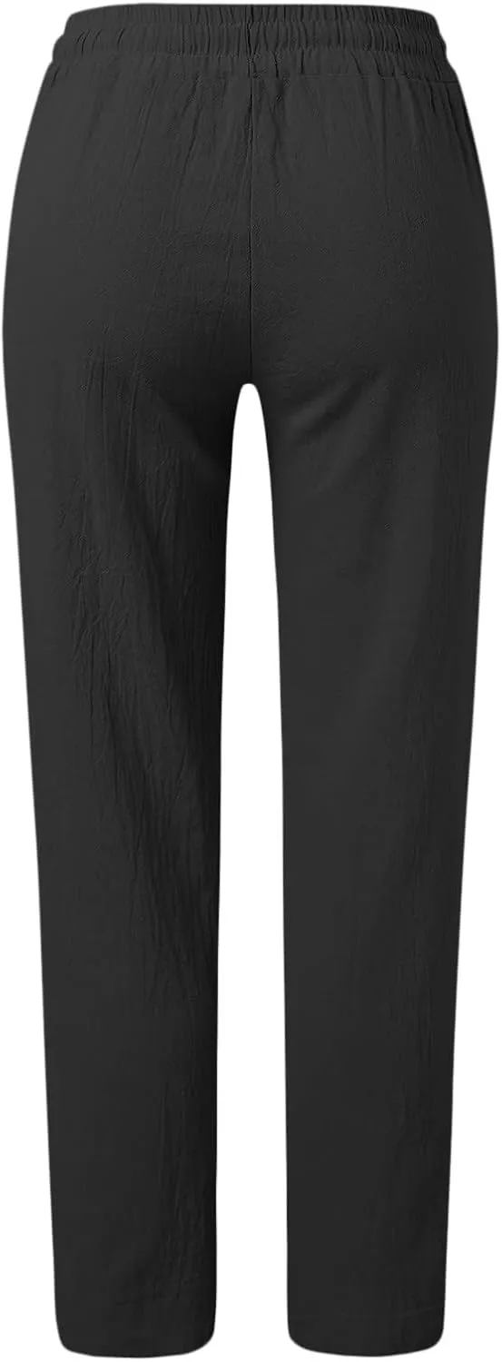 Womens Wide Leg Trousers Yoga Pants for Women Linen Flowy Beach Pants Casual Dressy Cotton Drawstring Pants Summer Outfits