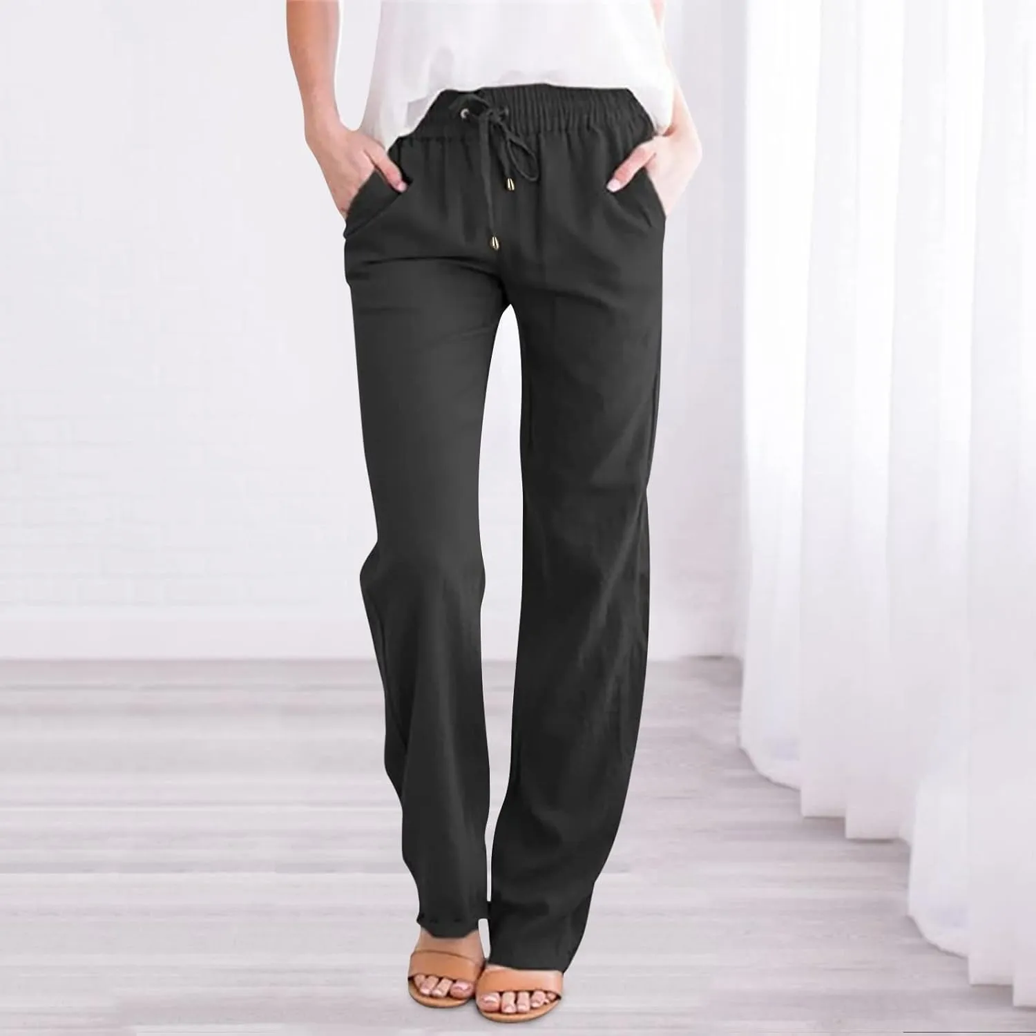 Womens Wide Leg Trousers Yoga Pants for Women Linen Flowy Beach Pants Casual Dressy Cotton Drawstring Pants Summer Outfits